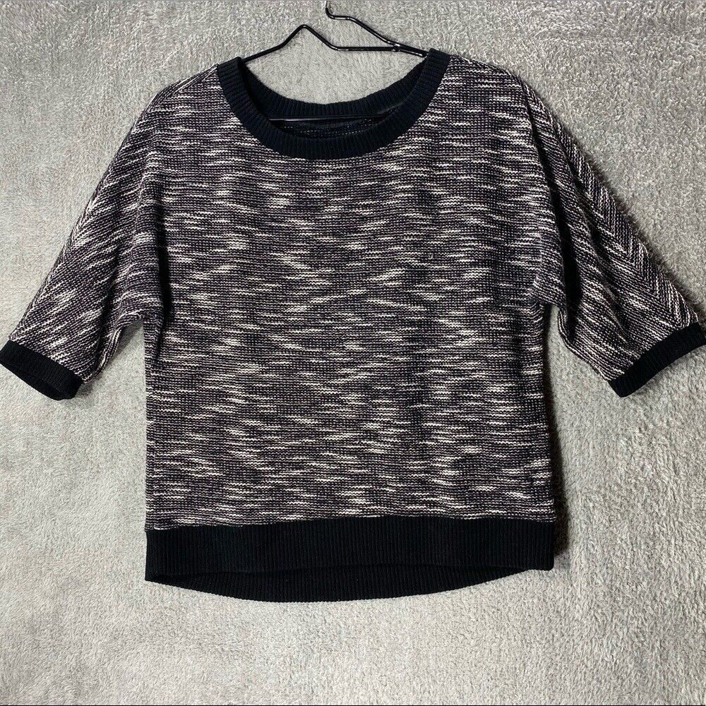 ANN TAYLOR LOFT Sweater Women Small Black Bottom Trim Knit Short Sleeve Marble S